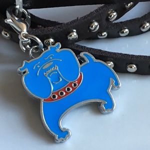 Blue enamel bulldog on leather bracelet